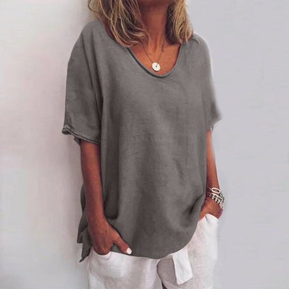 Women’s Relaxed Fit Blouse with Scoop Neck and Rolled Sleeves