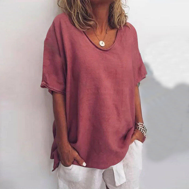 Women’s Relaxed Fit Blouse with Scoop Neck and Rolled Sleeves