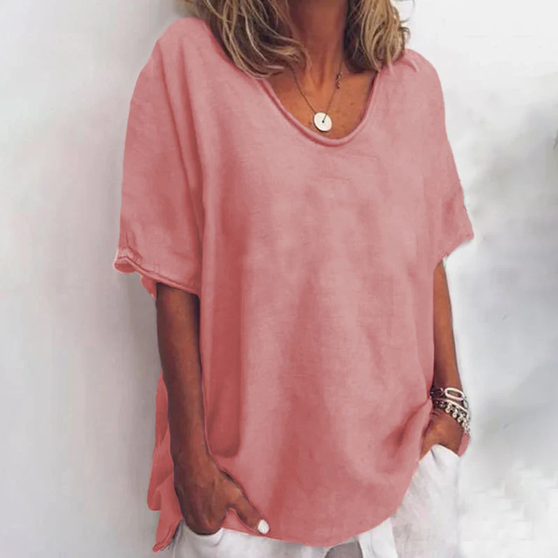 Women’s Relaxed Fit Blouse with Scoop Neck and Rolled Sleeves