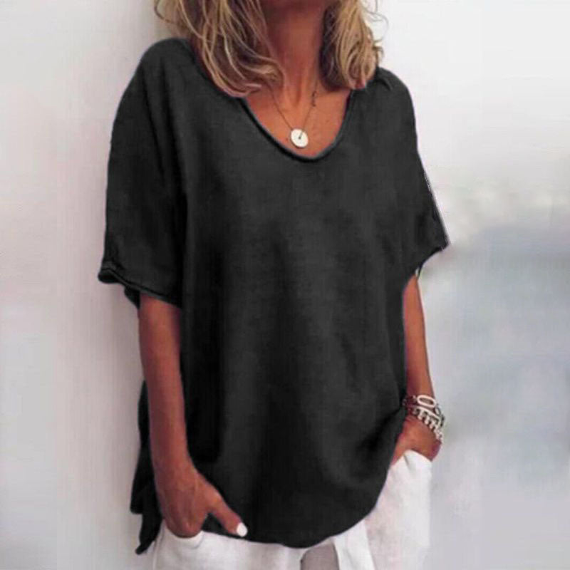 Women’s Relaxed Fit Blouse with Scoop Neck and Rolled Sleeves
