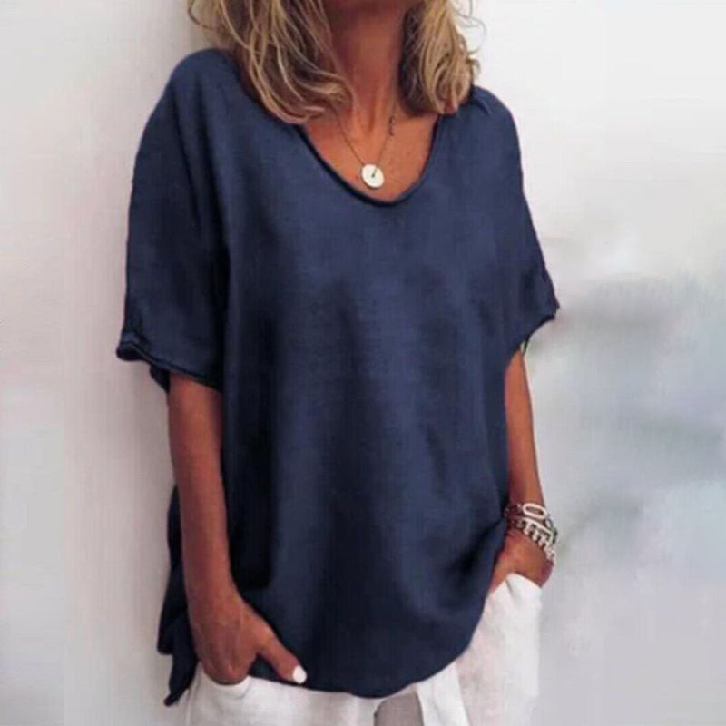 Women’s Relaxed Fit Blouse with Scoop Neck and Rolled Sleeves