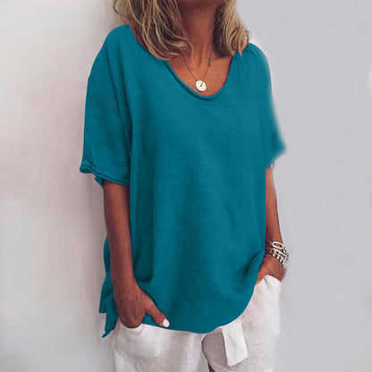 Women’s Relaxed Fit Blouse with Scoop Neck and Rolled Sleeves