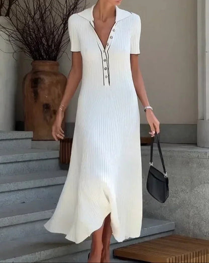 Women's Ribbed Knit Maxi Dress with Button Front and Polo Collar