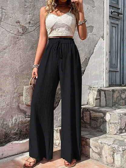 Women's Wide-Leg Pants with High Waist and Adjustable Drawstring