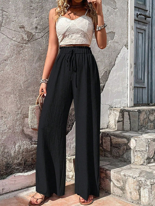 Women's Wide-Leg Pants with High Waist and Adjustable Drawstring