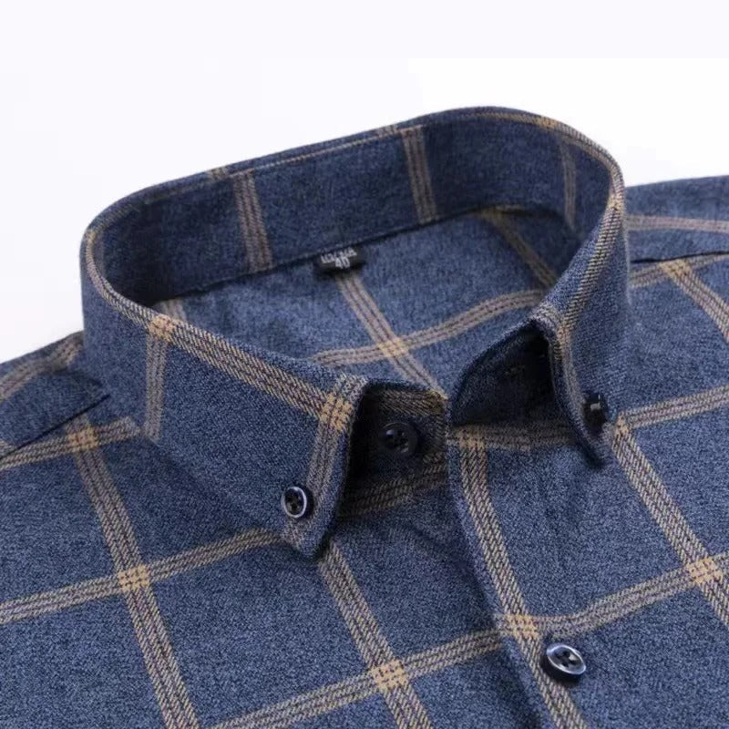 Men's Long Sleeve Checkered Shirt with Button Down Collar