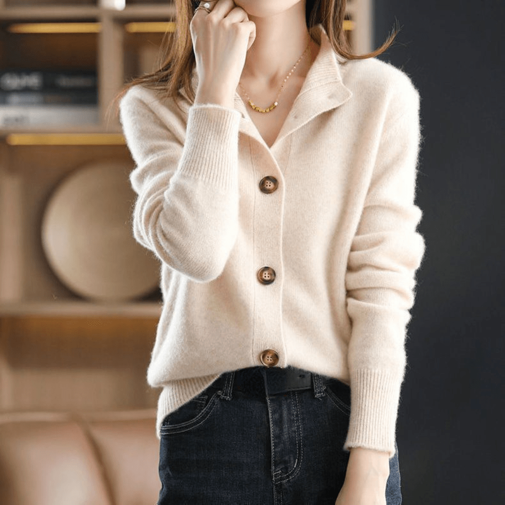 Women's Knit Button-Up Cardigan with Classic Lapel Collar