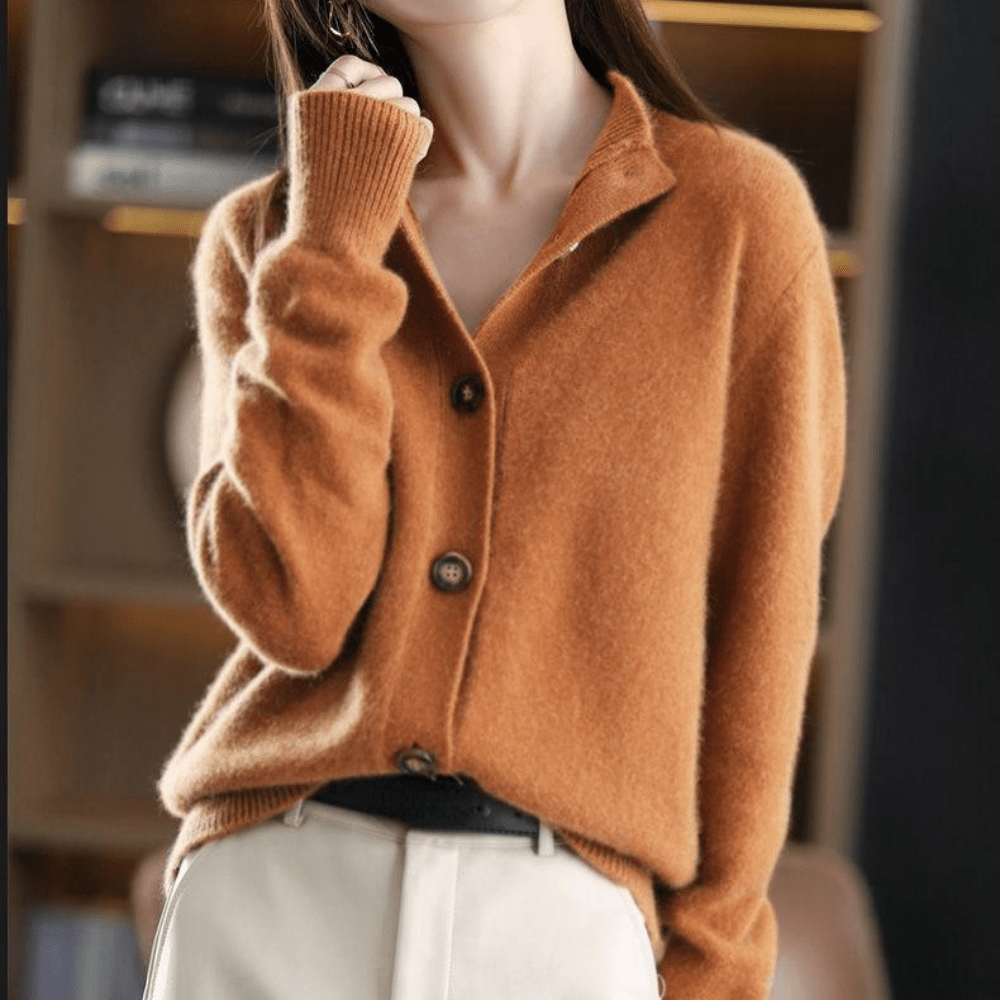 Women's Knit Button-Up Cardigan with Classic Lapel Collar