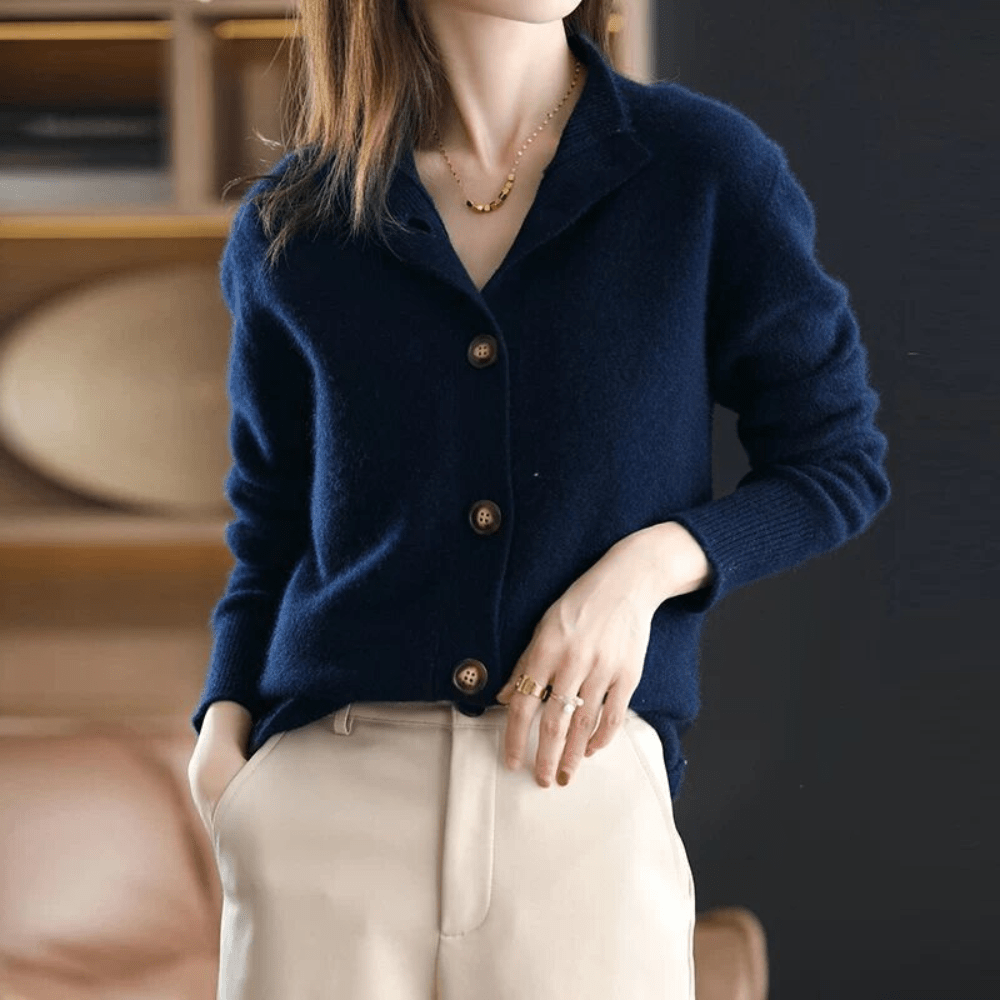 Women's Knit Button-Up Cardigan with Classic Lapel Collar