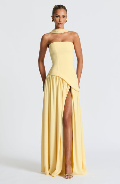 Women's Strapless Maxi Dress with High Slit and Asymmetric Waist