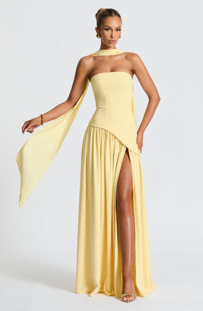 Women's Strapless Maxi Dress with High Slit and Asymmetric Waist