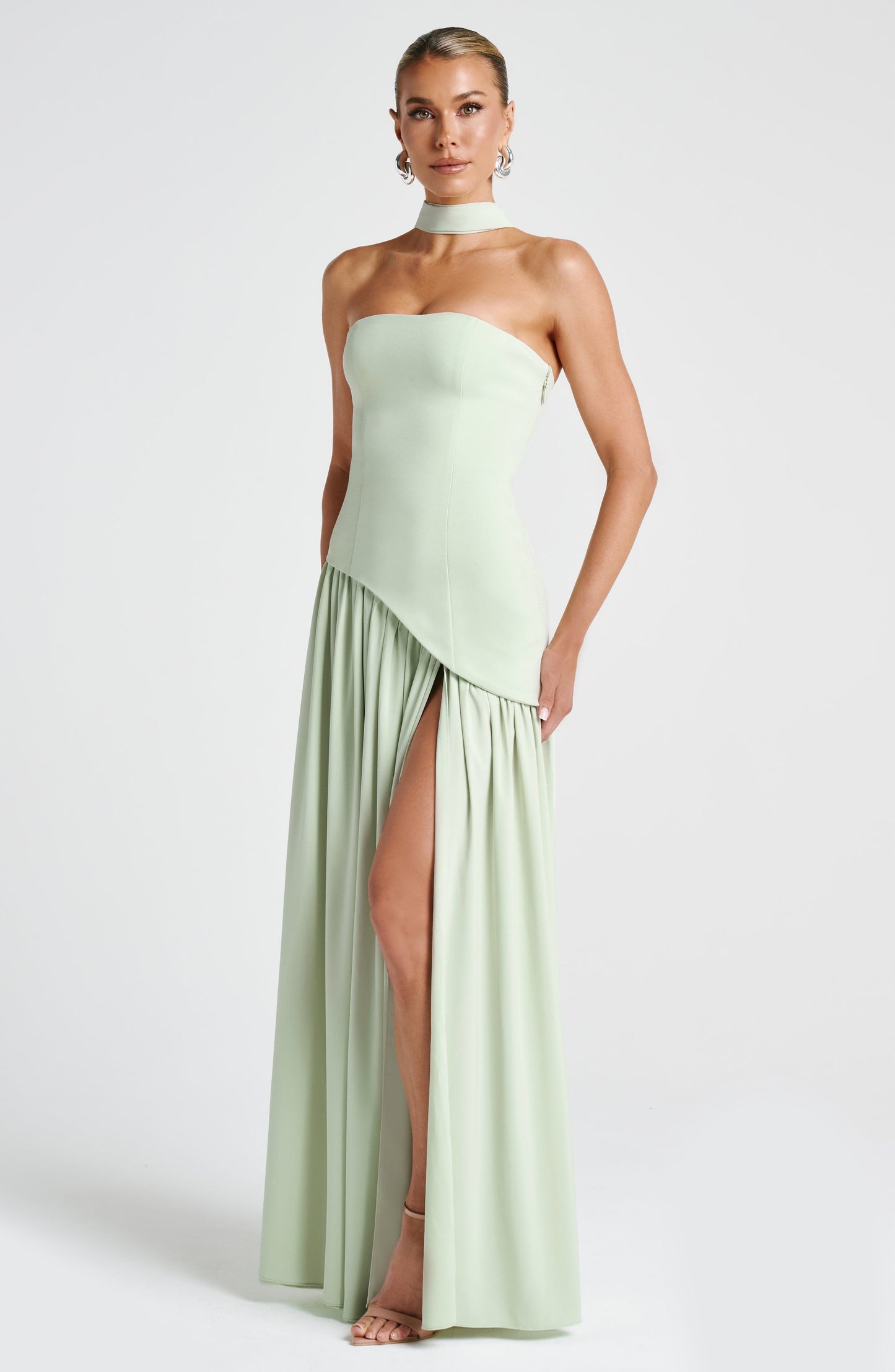 Women's Strapless Maxi Dress with High Slit and Asymmetric Waist