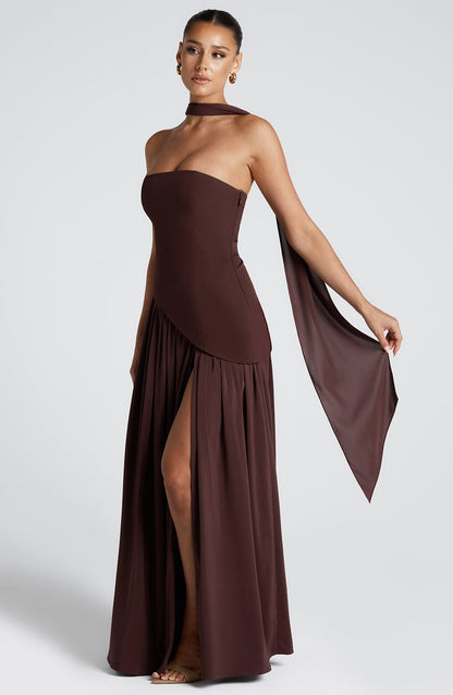 Women's Strapless Maxi Dress with High Slit and Asymmetric Waist