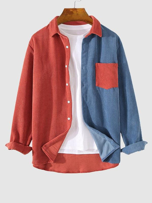 Men's Casual Corduroy Shirt with Long Sleeves and Colorblock Style
