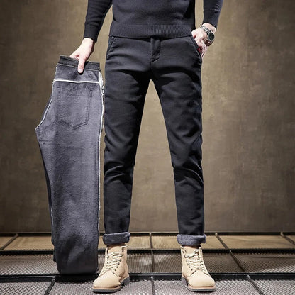 Men's Corduroy Fleece Work Trousers Slim Fit Warm Casual Style