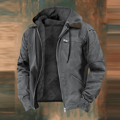 Men's Hooded Bomber Jacket with Lined Interior and Zip Pockets