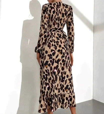 Women's Long Sleeve Wrap Maxi Dress with Leopard Print and Slit