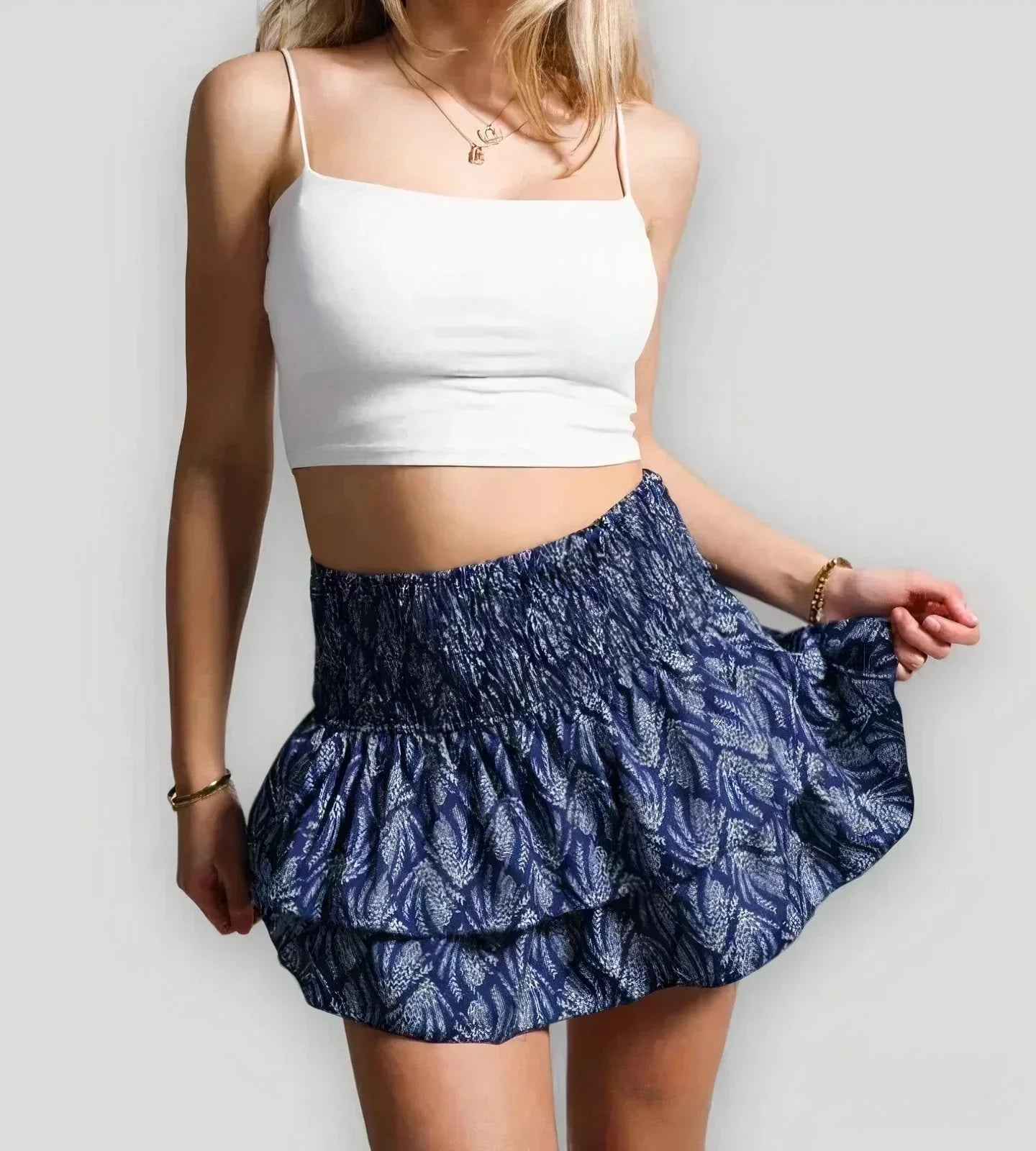 Women's Smocked Waist Ruffle Mini Skirt with Geometric Print