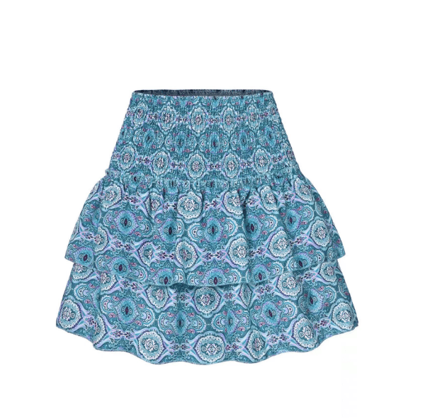 Women's Smocked Waist Ruffle Mini Skirt with Geometric Print