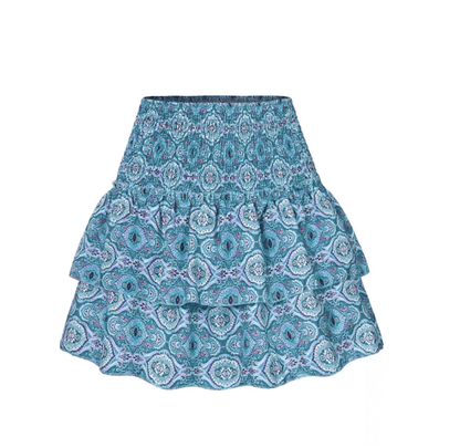 Women's Smocked Waist Ruffle Mini Skirt with Geometric Print