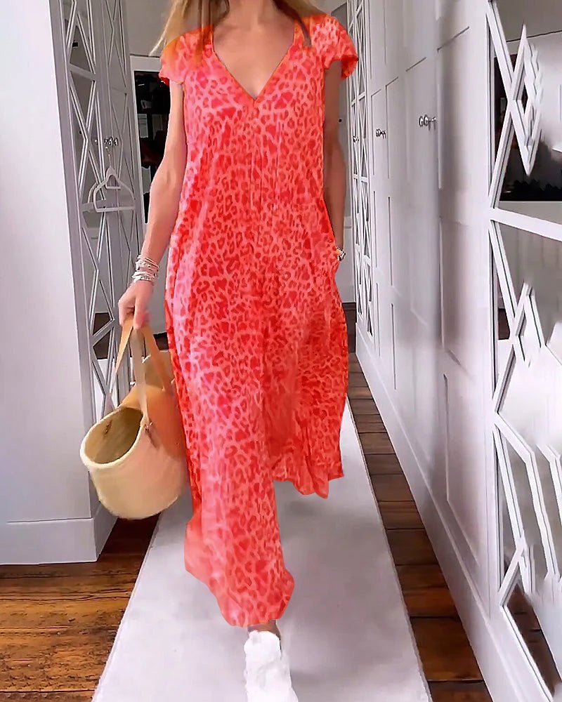 Women's V-Neck Maxi Dress with Animal Print and Relaxed Fit