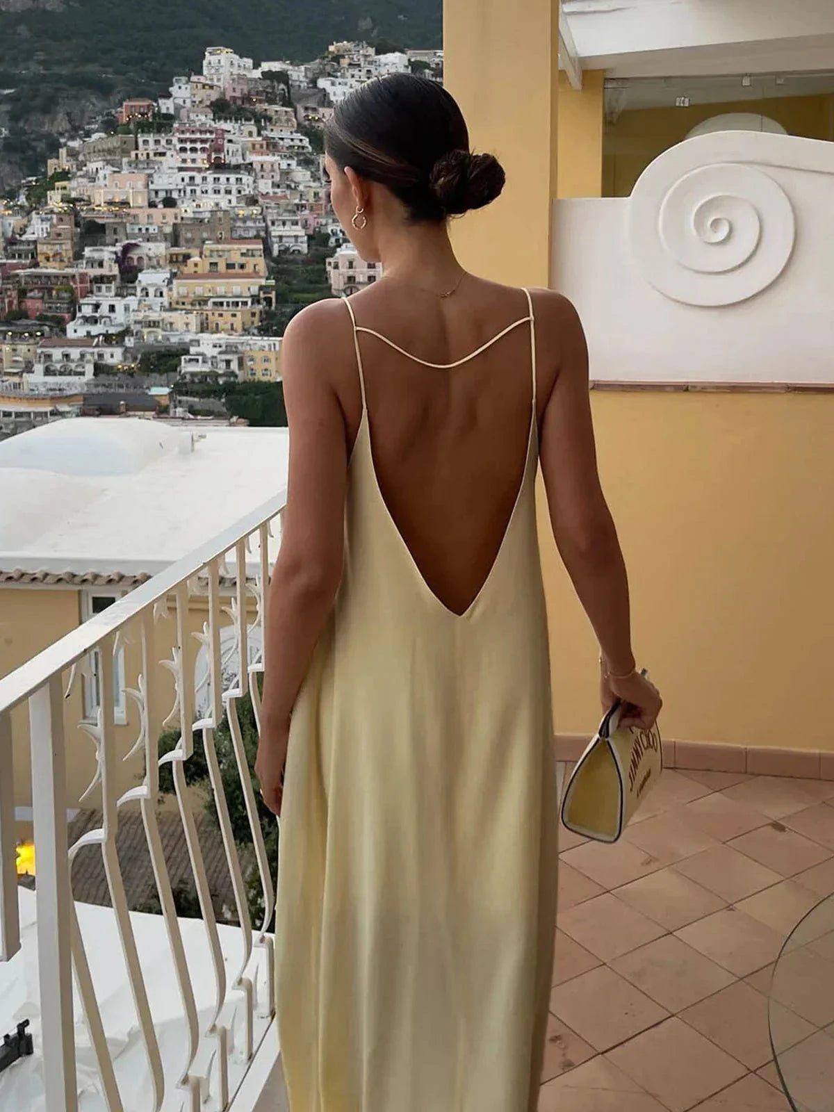 Women's Yellow Backless Maxi Dress with Sleek Straps and Open Back