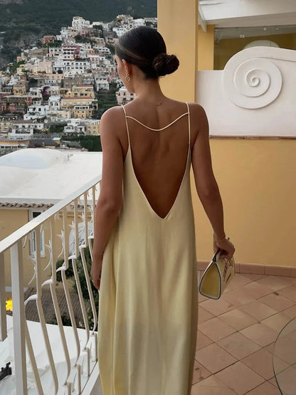 Women's Yellow Backless Maxi Dress with Sleek Straps and Open Back