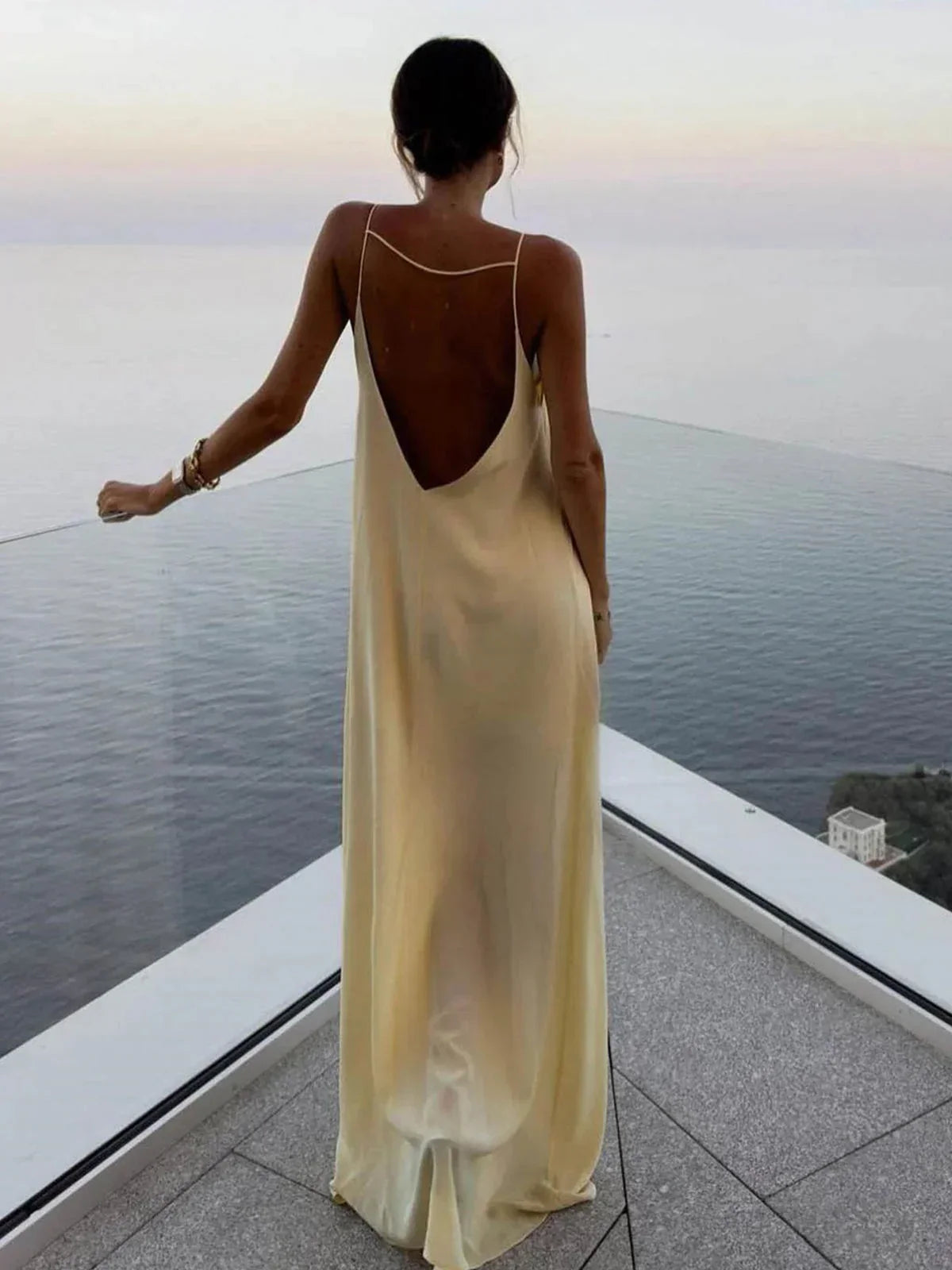Women's Yellow Backless Maxi Dress with Sleek Straps and Open Back
