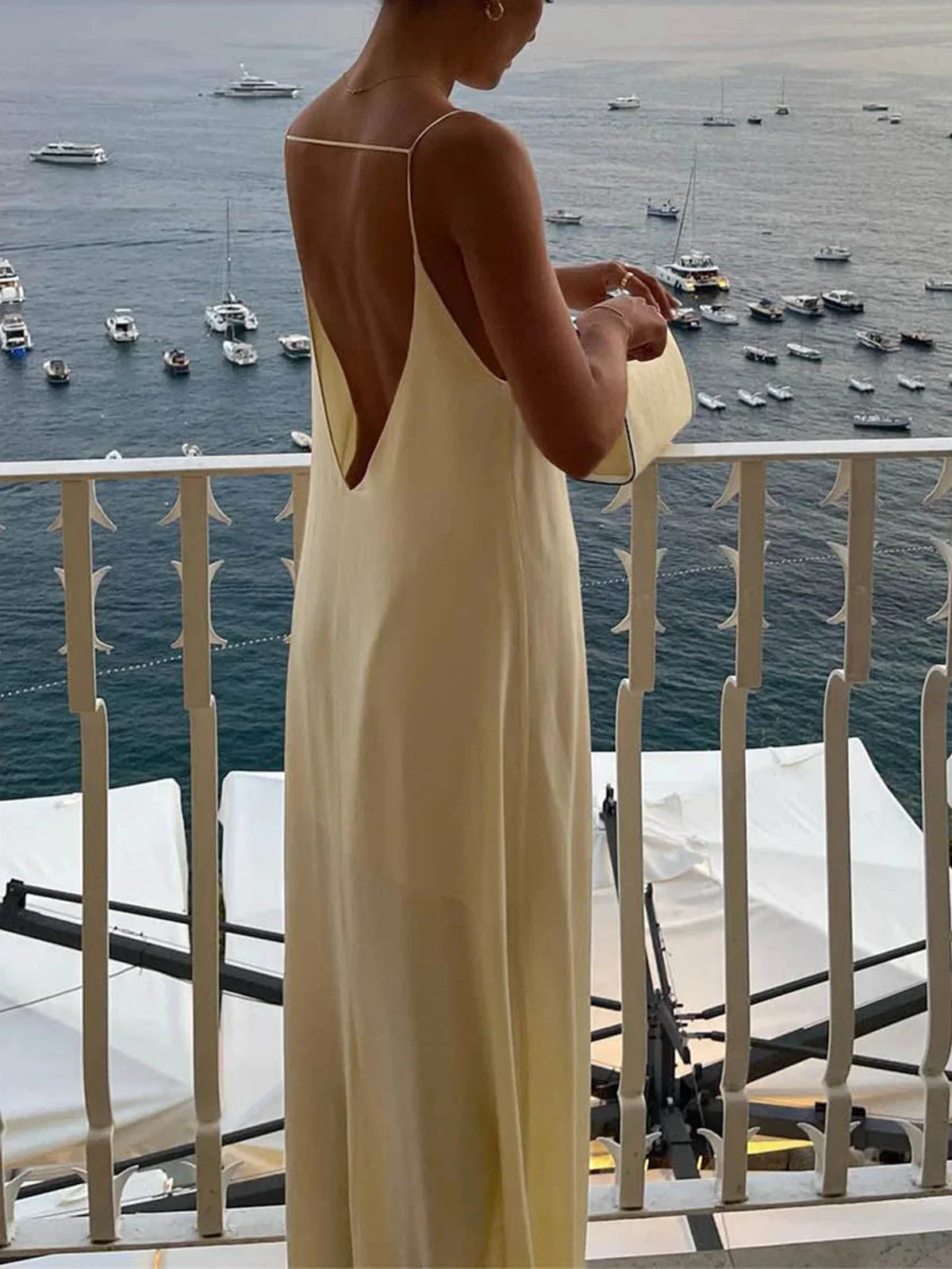 Women's Yellow Backless Maxi Dress with Sleek Straps and Open Back