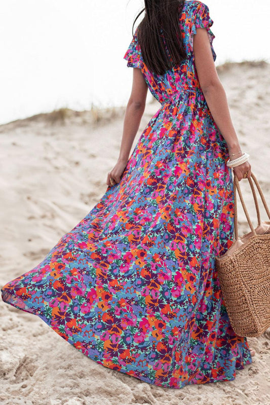 Women’s Floral Maxi Wrap Dress with V-Neck and Flowing Short Sleeves