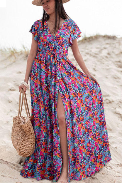 Women’s Floral Maxi Wrap Dress with V-Neck and Flowing Short Sleeves