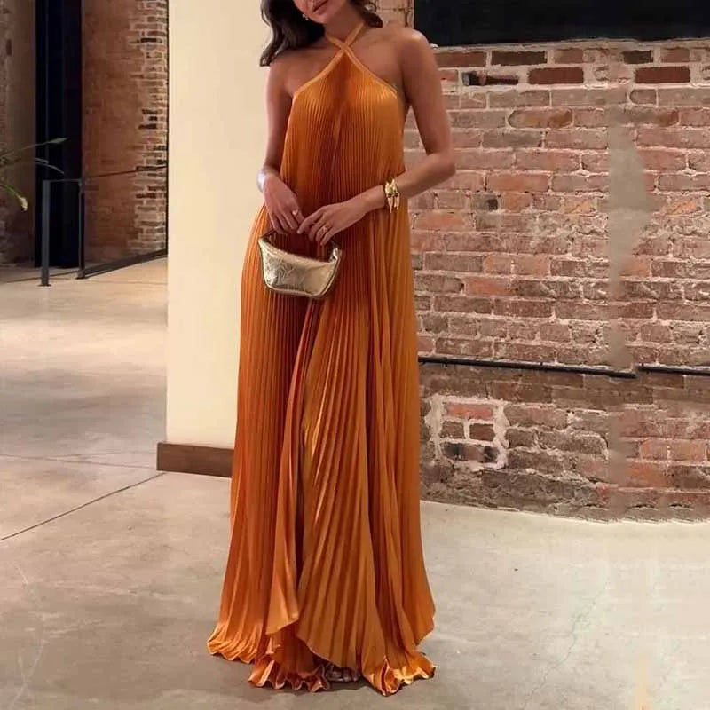 Women's Elegant Pleated Halter Neck Maxi Dress with Flowing Fit