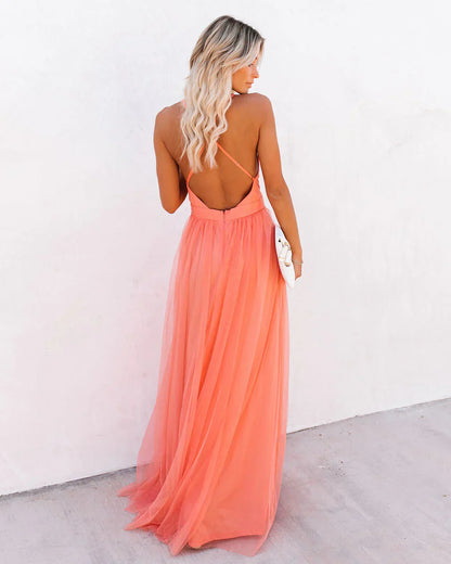 Women's Elegant Deep V-Neck Maxi Dress with Front Slit