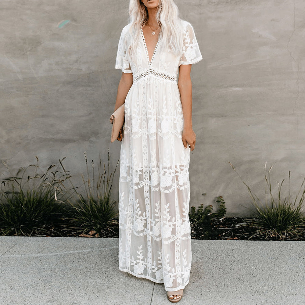 Women's V-Neck Maxi Dress with Sheer Embroidery and Short Sleeves