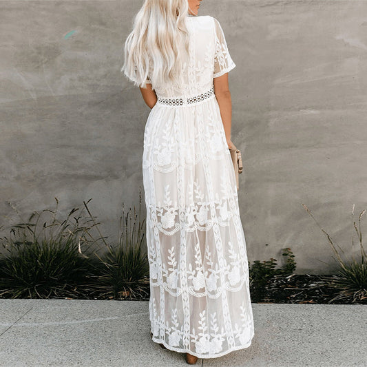 Women's V-Neck Maxi Dress with Sheer Embroidery and Short Sleeves