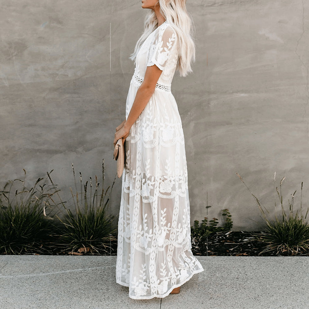 Women's V-Neck Maxi Dress with Sheer Embroidery and Short Sleeves