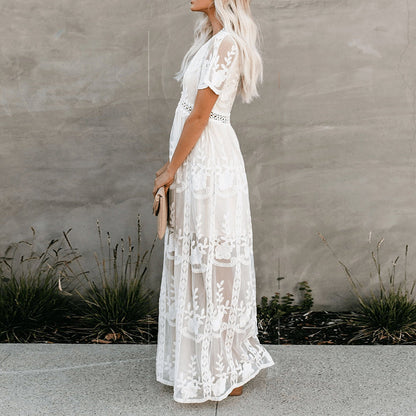 Women's V-Neck Maxi Dress with Sheer Embroidery and Short Sleeves