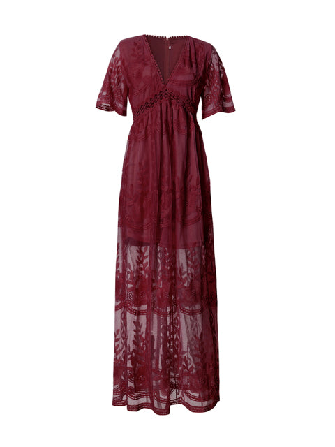 Women's V-Neck Maxi Dress with Sheer Embroidery and Short Sleeves