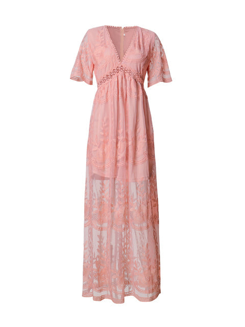 Women's V-Neck Maxi Dress with Sheer Embroidery and Short Sleeves