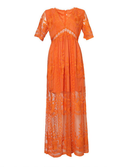 Women's V-Neck Maxi Dress with Sheer Embroidery and Short Sleeves