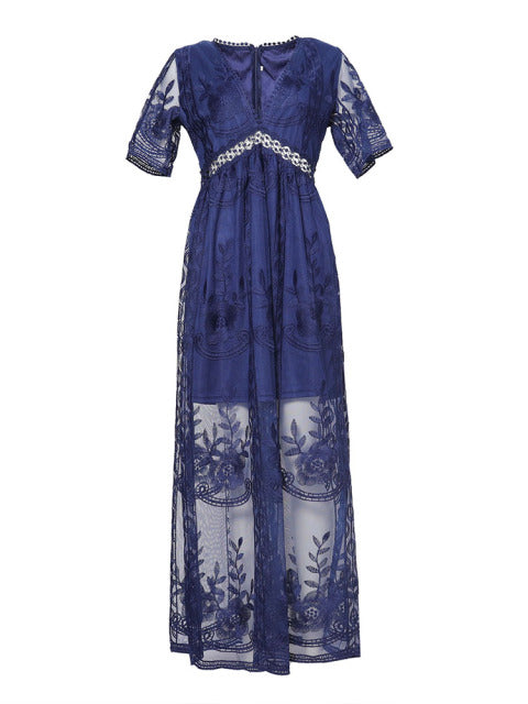 Women's V-Neck Maxi Dress with Sheer Embroidery and Short Sleeves