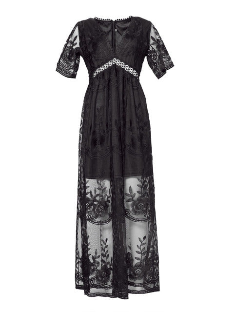 Women's V-Neck Maxi Dress with Sheer Embroidery and Short Sleeves