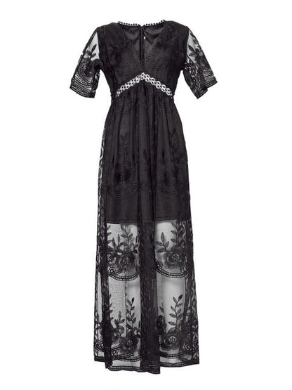 Women's V-Neck Maxi Dress with Sheer Embroidery and Short Sleeves