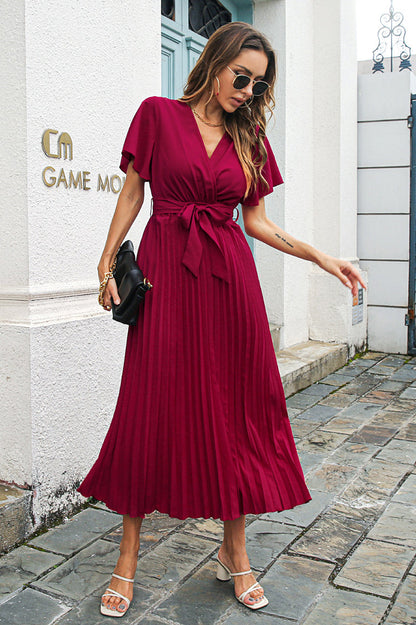 Women's Pleated Maxi Dress with Wide Sleeves and Waist Tie