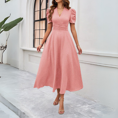 Women's V-Neck Puff Sleeve Maxi Dress with Fitted Waist Detail