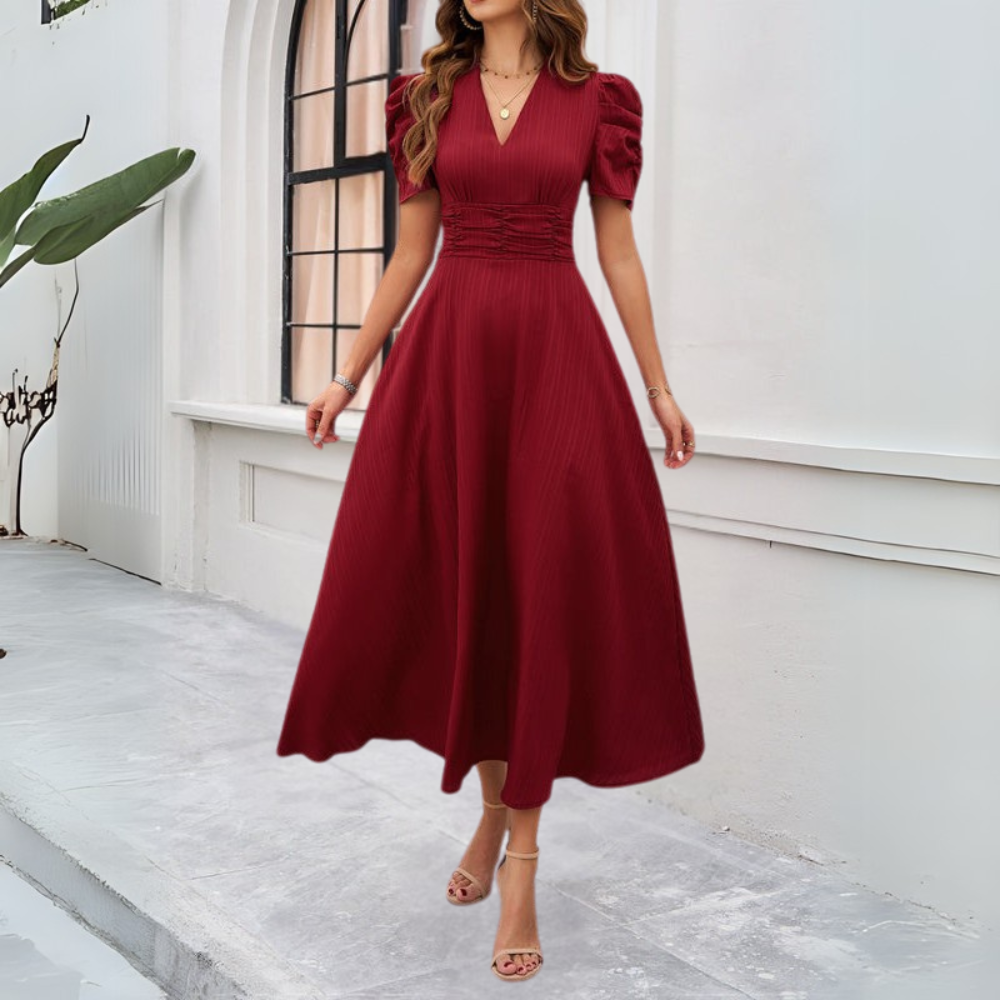 Women's V-Neck Puff Sleeve Maxi Dress with Fitted Waist Detail