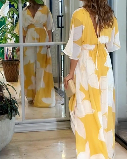 Women's Yellow V-Neck Floral Print Maxi Dress with Wide Sleeves and Flowing Skirt