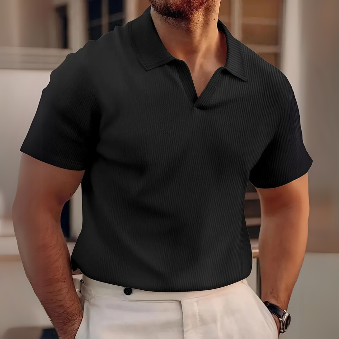 Men's Short Sleeve Ribbed Polo Shirt with V-Neck Collar