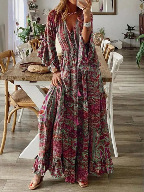 Women's Boho Maxi Dress with Flared Sleeves