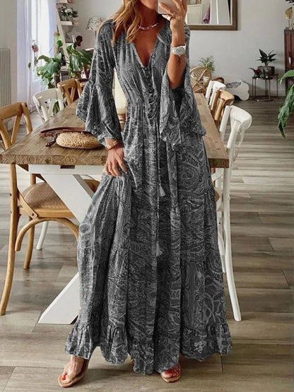Women's Boho Maxi Dress with Flared Sleeves